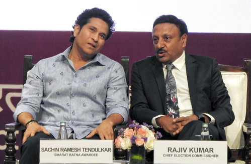 Former cricketer Sachin Tendulkar and Chief Election Commissioner Rajiv Kumar during an event where Sachin Tendulkar was designated as the 'National Icon' of the Election Commission in New Delhi on Wednesday, August 23, 2023. (Photo: IANS/Anupam Gautam)