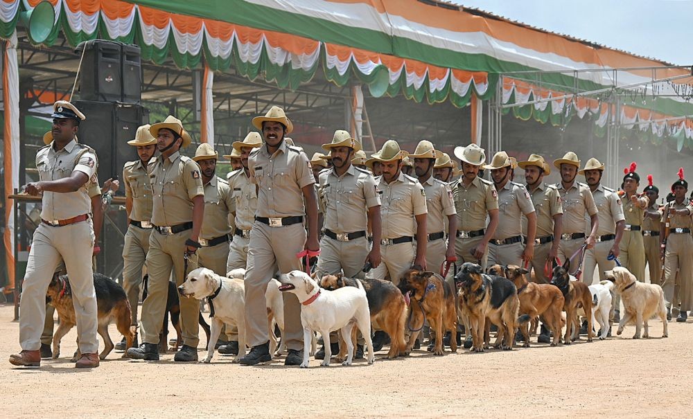 Bengaluru: Police dog squad participate in the march past rehearsal ahead of the 76th Independence Day celebrations at Manekshaw Parade Grounds, in Bengaluru on Friday August 11, 2023. (Photo: IANS)