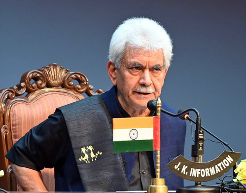 Lieutenant Governor of Jammu and Kashmir Manoj Sinha addresses a press conference on Prime Minister's Food Supplementation for Priority Households Scheme' for UT,in Srinagar, Saturday, July 8, 2023.(IANS/Twitter: @OfficeOfLGJandK)