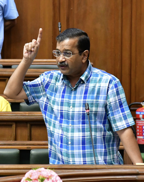 Delhi Chief Minister Arvind Kejriwal speaks during the state assembly session at Vidhan Sabha in New Delhi on Thursday, August 17, 2023. (Photo:IANS/Qamar Sibtain)