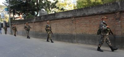 Kathmandu (Nepal): Nepal Army personnel patrol on a local street prior to South Asian Association for Regional Cooperation (SAARC) Summit in Kathmandu, Nepal, Nov. 20, 2014. (IANS File Photo)