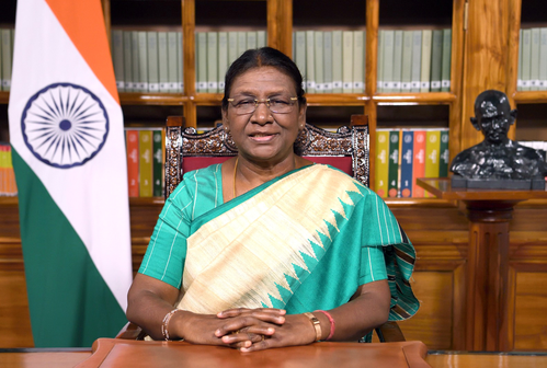 President Droupadi Murmu virtually addresses the nation on the eve of the 77th Independence Day, in New Delhi on Monday, August 14, 2023. (Photo:IANS/Twitter:@rashtrapatibhvn)
