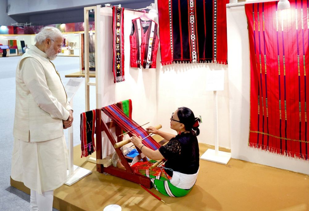 New Delhi: Prime Minister Narendra Modi visits an exhibition in Bharat Mandapam organised on the occasion of National Handloom Day at Pragati Maidan, in New Delhi, on Monday, August 7, 2023. (IANS/PIB)