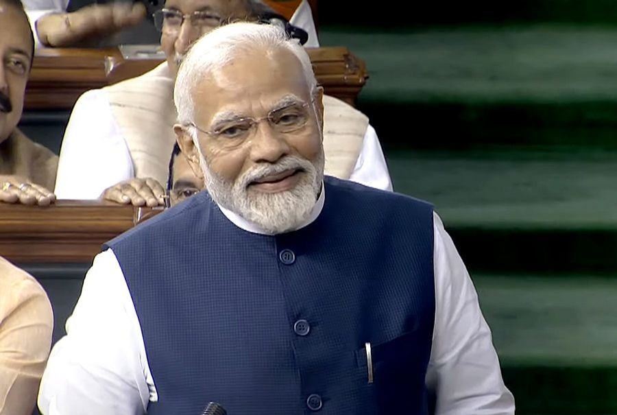 New Delhi: Prime Minister Narendra Modi speaks during the discussion on the Motion of No-confidence in the Lok Sabha during the Monsoon Session of Parliament, in New Delhi, on Thursday, August 10, 2023. (Photo: IANS/SANSAD TV)