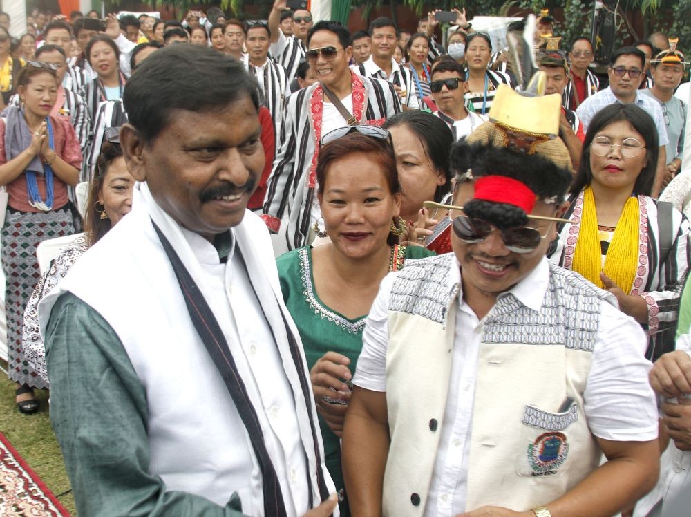New Delhi: Union Minister for Tribal Affairs Arjun Munda interact with peopl during the 'Vibrant Village Programme' in New Delhi on August 14, 2023. (Photo: IANS/Wasim Sarvar)