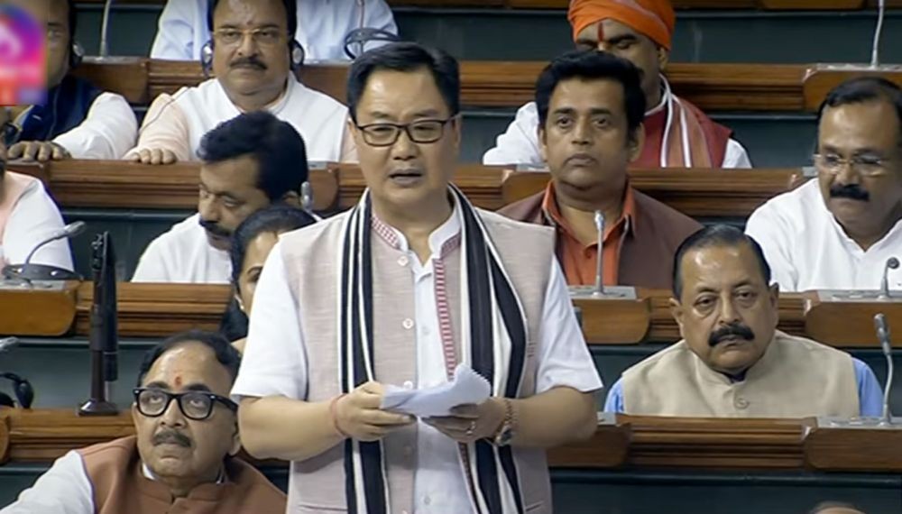 New Delhi: Minister of Earth Sciences Kiren Rijiju speaks in the Lok Sabha during the ongoing Monsoon session of Parliament, in New Delhi, Tuesday, August 08, 2023. (Photo: IANS/SANSAD TV)