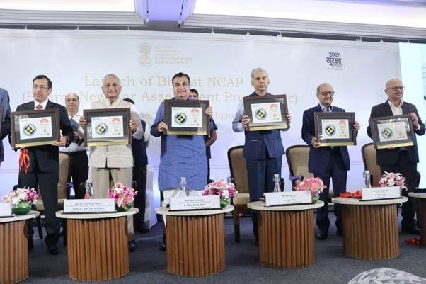 The Union Minister for Road Transport and Highways, Nitin Gadkari and others during the launching of the Bharat NCAP in New Delhi on August 22. (PIB Photo)