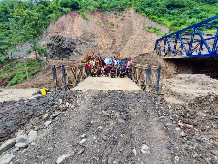 The Project Sewak of Border Roads Organisation restored the crucial road link between Tuensang and Mon by launching a 110 feet Bailey bridge on August 1 after the previous bridge collapsed and suffered extensive damage due to a massive landslide triggered by incessant rainfall near Thimlak village on July 16. (Photo Courtesy: PRO Defence, Kohima & Imphal)