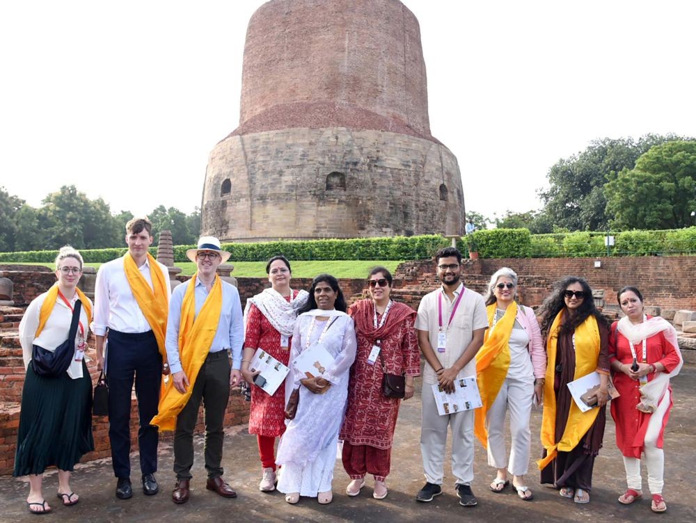 Varanasi: G20 Delegates of Culture working group (CWG) during their visit at the Sarnath archaeological museum and Buddha park at Varanasi, in Uttar Pradesh on Sunday, August 27, 2023. (Photo: IANS/PIB)