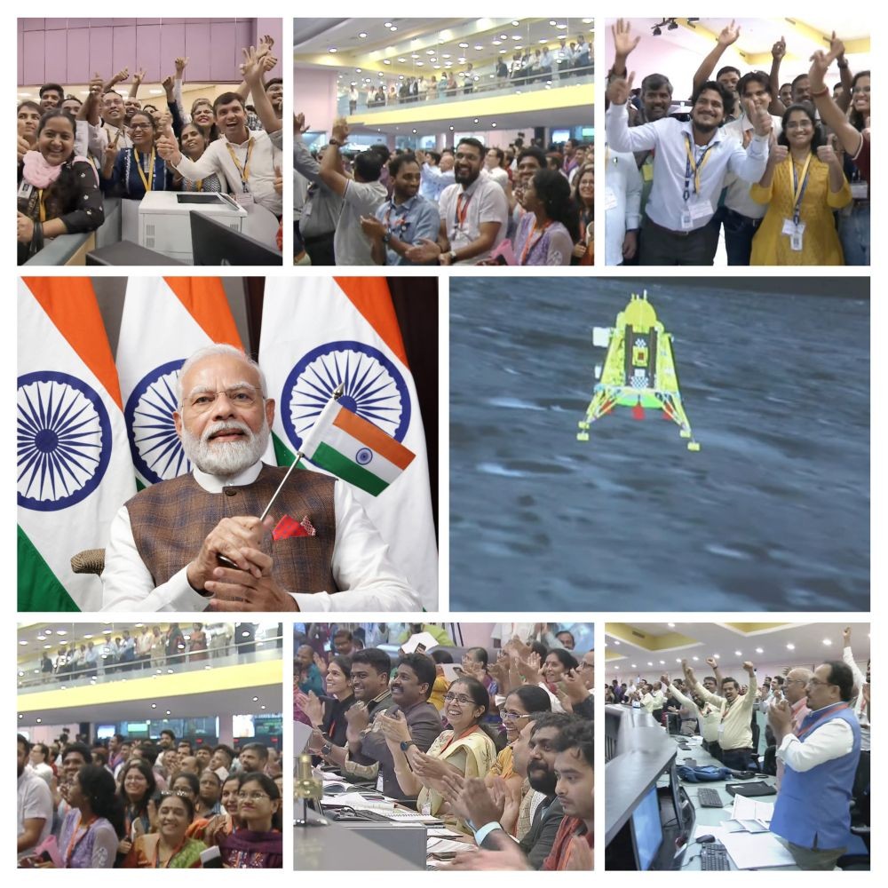 New Delhi : Prime Minister Narendra Modi celebrates after the successful soft landing of Chandrayaan-3 through video conferencing, at the control room of ISRO headquarters, in Bengaluru, Wednesday, August 23, 2023. (Photo: IANS/PIB)