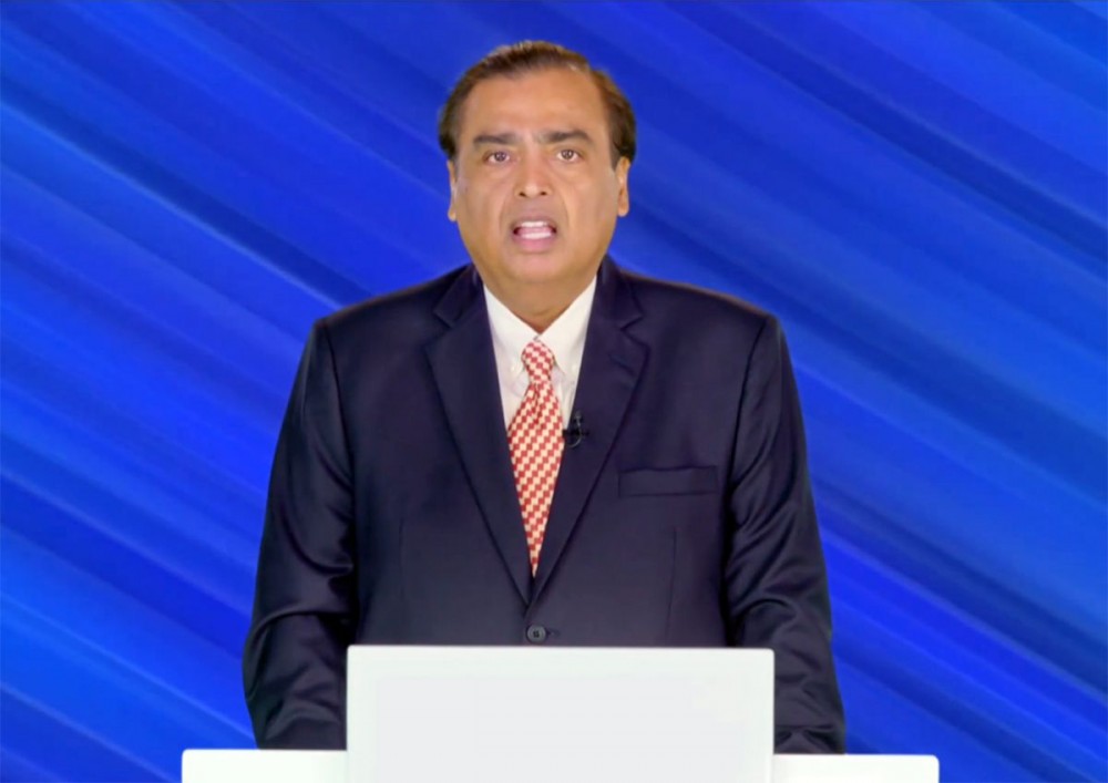 New Delhi : Reliance Industries Chairman Mukesh Ambani virtually addresses the 46th Annual General Meeting (Post-IPO) of Reliance Industries Limited on Monday, August 28, 2023. (Photo:IANS/Twitter:@reliancejio)