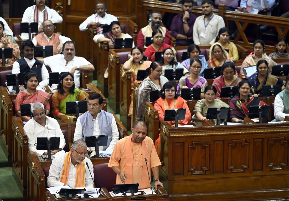 Lucknow: Uttar Pradesh Chief Minister Yogi Adityanath speaks during the Monsoon session of UP Assembly at Vidhan Bhawan, in Lucknow, on Friday, August 11, 2023. (Photo: IANS/Phool Chandra)