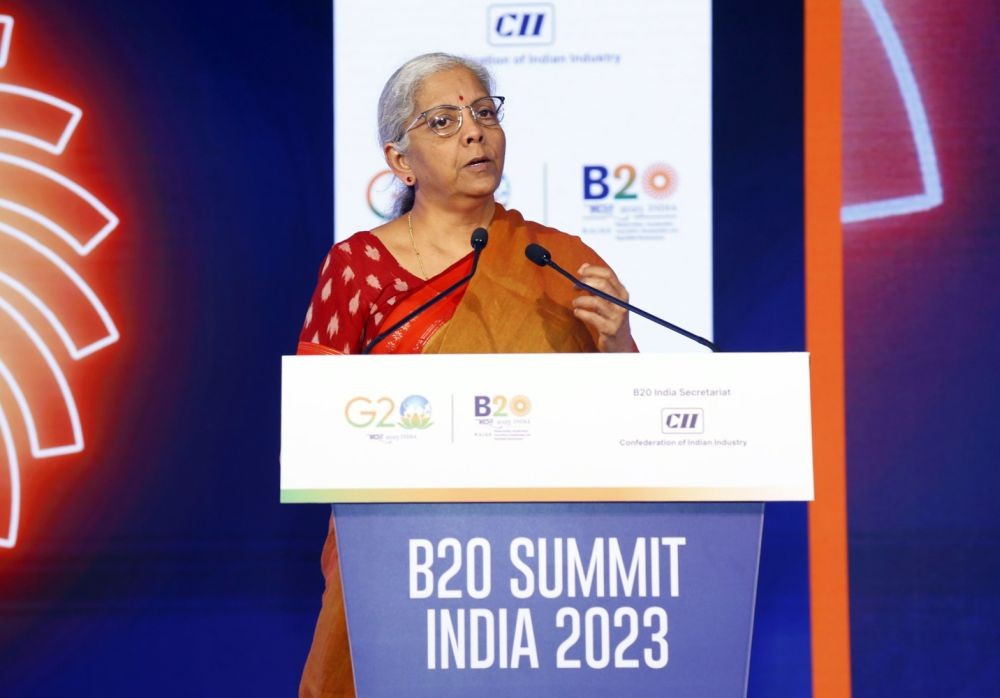 New Delhi : Union Finance Minister Nirmala Sitharaman addresses the Special Plenary Session on â€˜Key Priorities for Sustained Global Economic Recoveryâ€™ at B20 Summit India, in New Delhi on Friday, August 25, 2023. (Photot:IANS/Twitter:@b20)