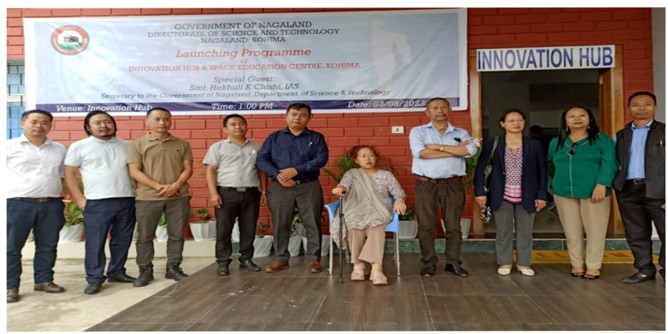 Hokhuli K Chishi Secretary DST and department officials during the commissioning of its 2nd Innovation Hub & Space Education Centre in Kohima on August 3.