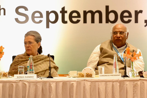 Congress President Mallikarjun Kharge with senior party leader Sonia Gandhi during the second day of Congress Working Committee (CWC) meeting, in Hyderabad, on Sunday, September 17, 2023. (Photo: IANS/Twitter/@INCIndia)