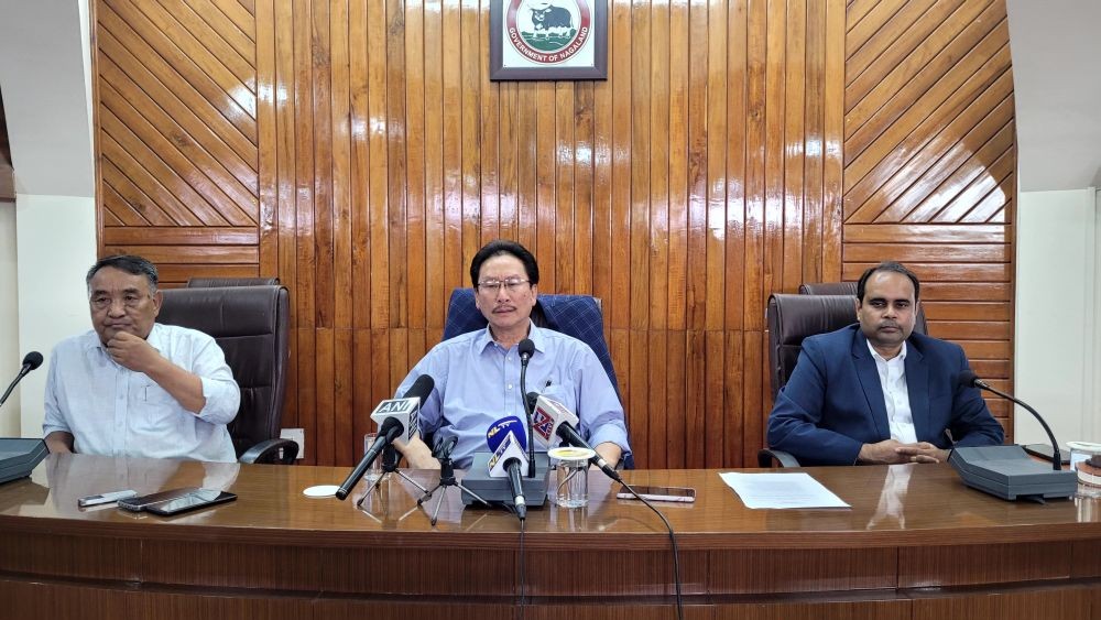 Advisor, Kropol Vitsu; Minister, KG Kenye; and Principal Secretary, Home, Abhijit Sinha during a press conference after the consultative meeting in Kohima on September 1. (Morung Photo)