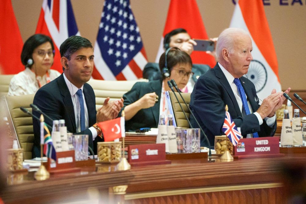 New Delhi : UK Prime Minister Rishi Sunak and US President Joe Biden during the first session of G20 Summit at Bharat Madapam in New Delhi on Saturday, September 9, 2023. (Photo: IANS/@RishiSunak)