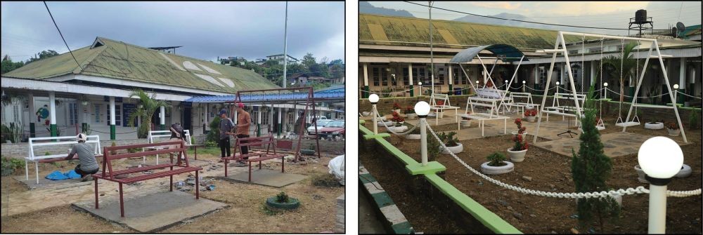 (Left) Chang Wedoshi Setshang officials constructing the patient’s park at District Hospital, Tuensang. (Right) The patient’s park was inaugurated on September 27. (Morung Photo)