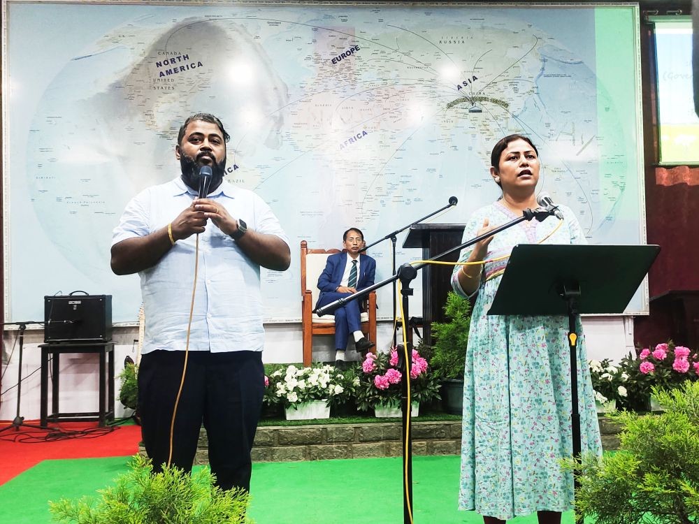 Pastor Samuel Sengupta and wife of Atmik Jeeva Church sharing testimonies at Koinonia Prayer Centre Monthly Revival Program on Sunday evening.