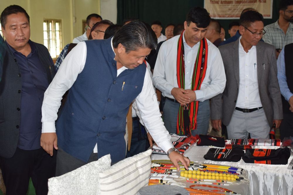 Minister Jacob Zhimomi during the second phase of Tribal Artisans Empanelment Mela held at Town Hall, Peren town on September 21. (DIPR Photo)