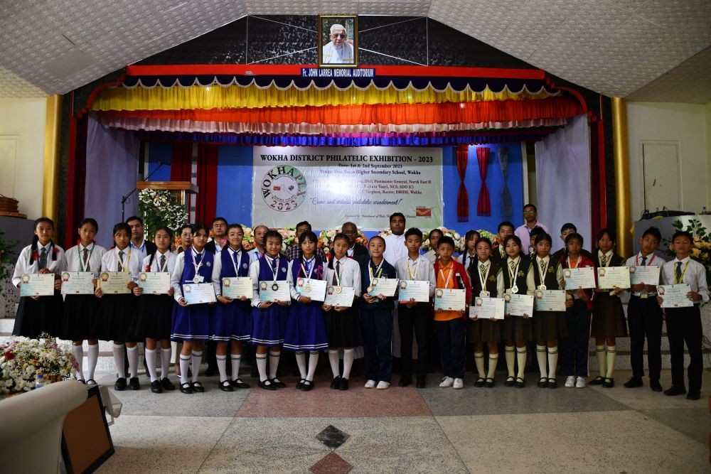 Winners along with officials during the prize distribution ceremony of the two days Wokha Pex-2023, Philatelic Exhibition held at DBHSS.