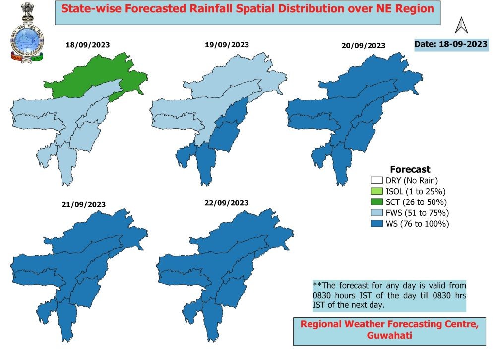 Caption: State level weather forecast for North-East States issued by the IMD, Regional Met Centre Guwahati on September 18. (Image Courtesy: @GuwahatiRmc/X)