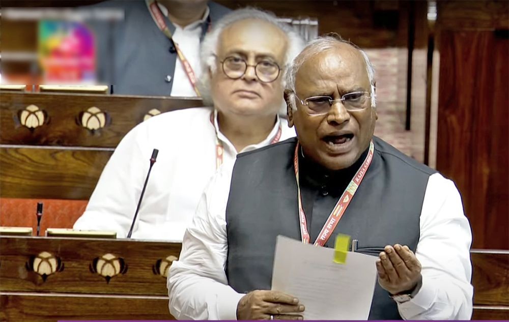 New Delhi: Leader of the house in Rajya Sabha Mallikarjun Kharge speaks in the House during a special session of the Parliament, in New Delhi, Tuesday, September 19, 2023. (Photo: IANS/Sansad Tv)
