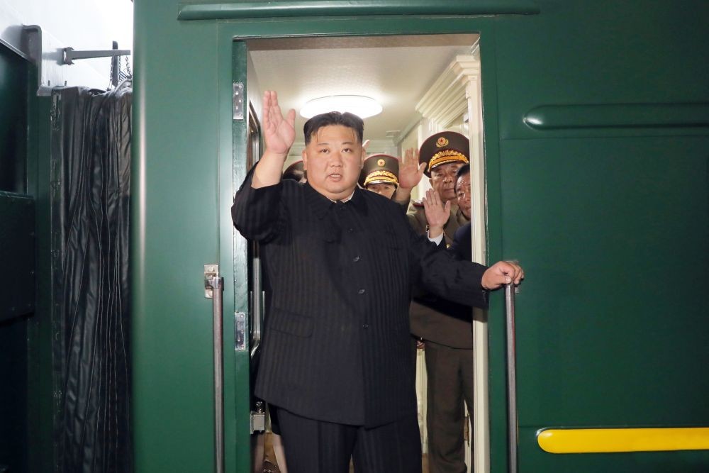 North Korean leader Kim Jong-un waves as he boards a train in Pyongyang on Sept. 10, 2023, to visit Russia to hold talks with Russian President Vladimir Putin, in this photo released Sept. 12 by the North's official Korean Central News Agency. (Photo:IANS/Yonhap)
