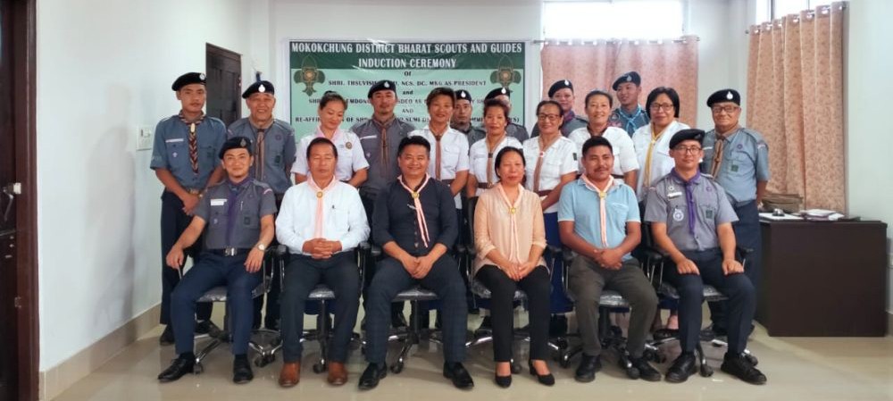 Newly inducted members of the Mokokchung Disrict Bharat Scout nad Guides after the induction ceremony on 14 September at DC Conference Halll, Mokokchung. (Morung Photo)