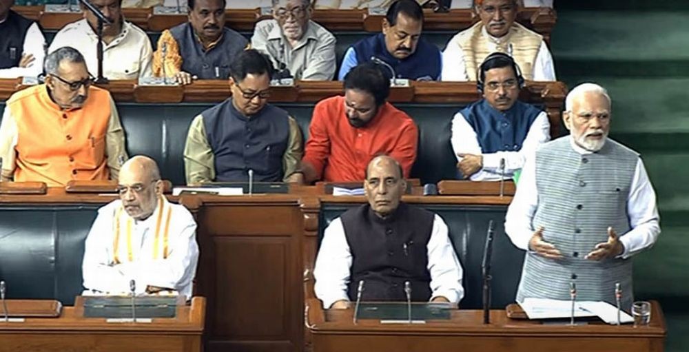 New Delhi : Prime Minister Narendra Modi speaks in Lok Sabha during the special session of parliament in New Delhi on Monday, September 18, 2023. (Photo: IANS/Sansad TV)