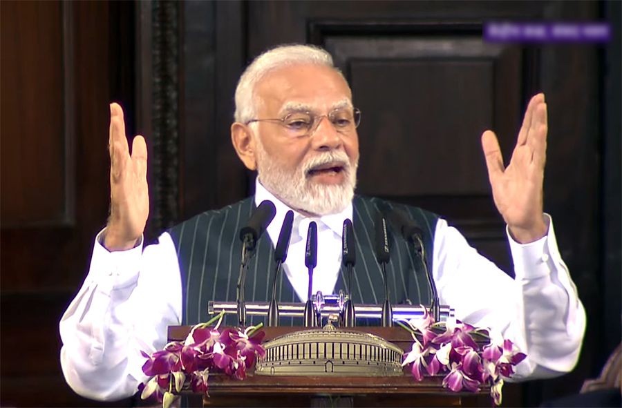 New Delhi: Prime Minister Narendra Modi speaks during an event organised in the Central Hall of Parliament on the occasion of the shifting of Parliament to the new building, in New Delhi, Tuesday, September 19, 2023. (Photo: IANS/Sansad TV)