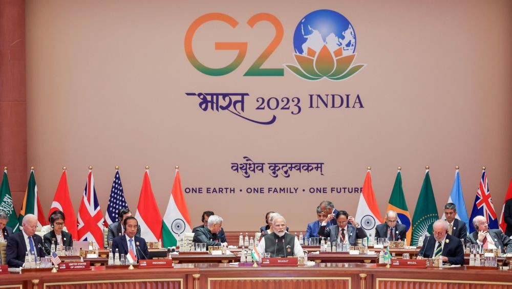 New Delhi : Prime Minister Narendra Modi addresses the first session of G20 Summit at Bharat Madapam in New Delhi on Saturday, September 09, 2023. (Photo:IANS)