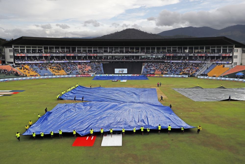 Kandy: The pitch area is seen covered with plastic sheets as rain stops play during the Asia Cup 2023 ODI cricket match between India and Pakistan at Pallekele International Cricket Stadium in Kandy, Sri Lanka, on Saturday, September 02, 2023. (Photo: IANS)