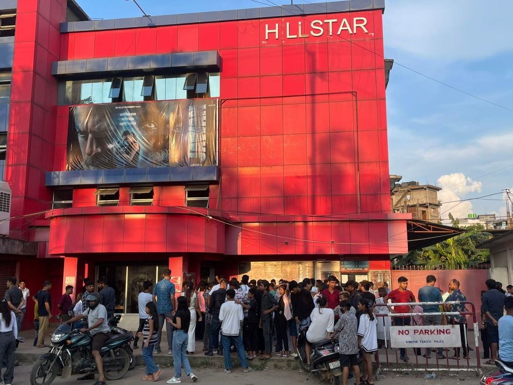 Movie-goers line up for the early evening show (4.40PM) of ‘Jawan’ outside the Hillstar Digital Cinema, Dimapur on Sunday, September 17.  The film continues to draw large audiences and achieve record-breaking collections since its debut on September 7.