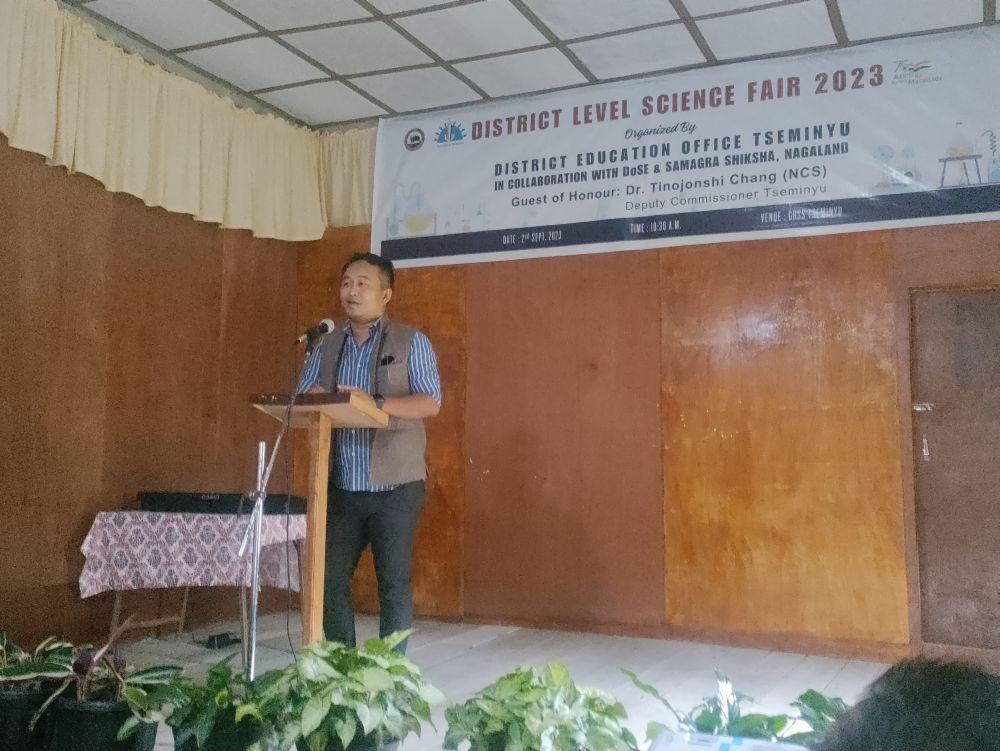 Longasen Lotha, ADC, Tseminyu speaking during the science fair in Tseminyu.