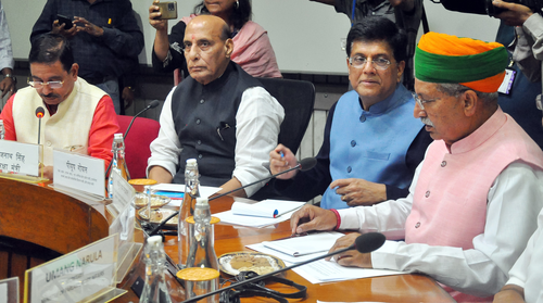Defence Minister Rajnath Singh with Union Ministers Piyush Goyal, Arjun Ram Meghwal, Pralhad Joshi during All-party meeting at the Parliament library building, ahead of the special session of Parliament, in New Delhi on Sunday ,17 September 2023. (Photo: IANS/Qamar Sibtain)