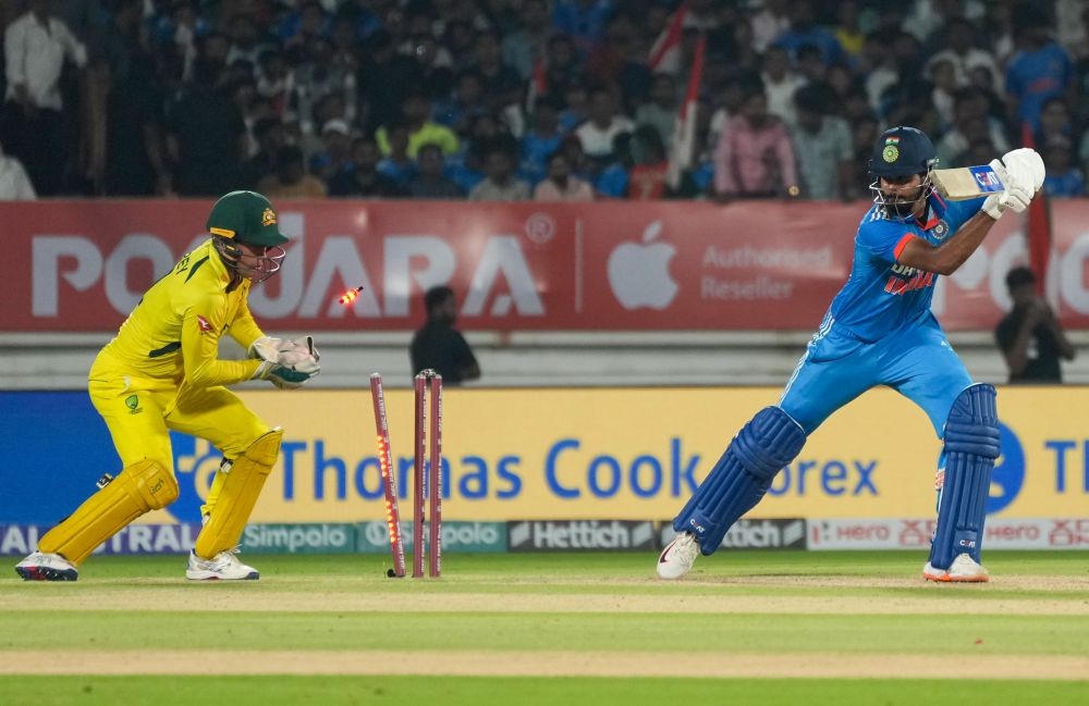Rajkot : India's Shreyas Iyer bowled out by Australia's Glenn Maxwell during the third ODI cricket match between Australia and India in Rajkot on Wednesday, September 27, 2023. (Photo: IANS/Siddharaj Solanki)