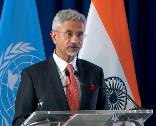 External Affairs Minister S. Jaishankar addresses the India-UN for Global South event on the sidelines of the United Nations General Assembly, in New York, Sunday, Sept. 24, 2023. (Photo: IANS/Twitter: @DrSJaishankar/Video Grab)