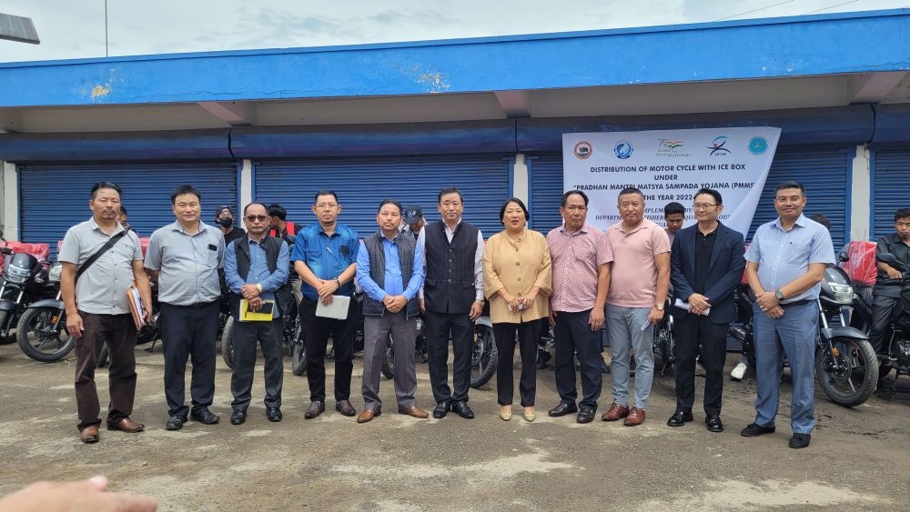 Advisor, Fisheries & Aquatic Resources, A Pangjung Jamir with others during the distribution of 20 motorcycles with ice box to unemployed youths in Kohima on September 13. (Morung Photo)
