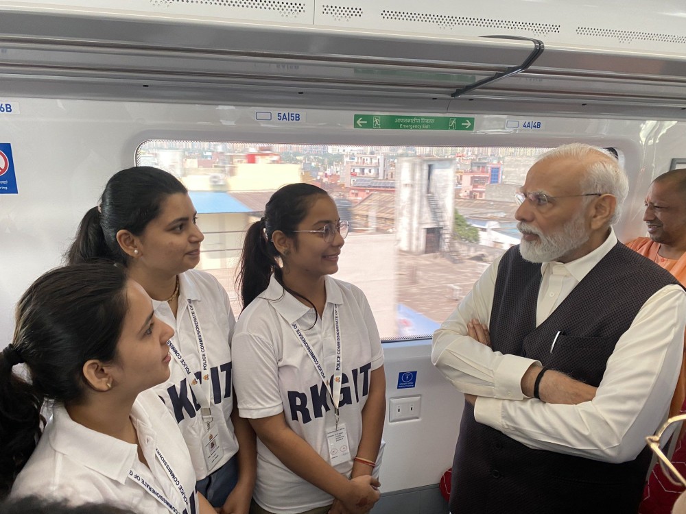 Sahibabad: Prime Minister Narendra Modi aboard the Regional Rapid train 'Namo Bharat' connecting Sahibabad and Duhai Depot stations on the Delhi-Meerut RRTS corridor after flagging it off, in Sahibabad, Friday, Oct. 20, 2023.(IANS/Twitter:@PMOIndia)