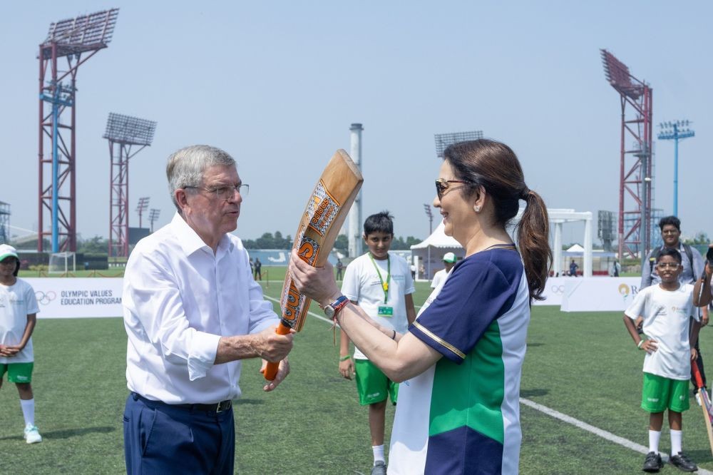 Mumbai: International Olympic Committee (IOC) President Thomas Bach and Chairperson and founder of the Reliance Foundation Nita Ambani during a programme on the inclusion of cricket in the sports programme for the Los Angeles 2028 Olympics Games,in Mumbai, Monday, Oct 16,2023.(IANS)