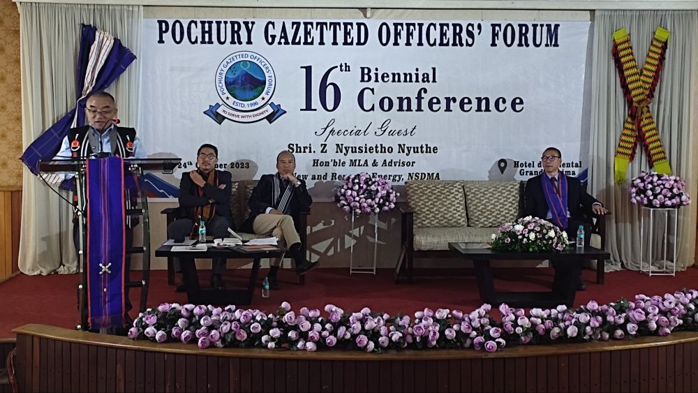 MLA & Advisor New and Renewable Energy, NSDMA, Z Nyusietho Nyuthe addressing the 16th biennial conference of the Phom Gazatted Officers’ Forum at De Oriental Hotel, Kohima on October 24.