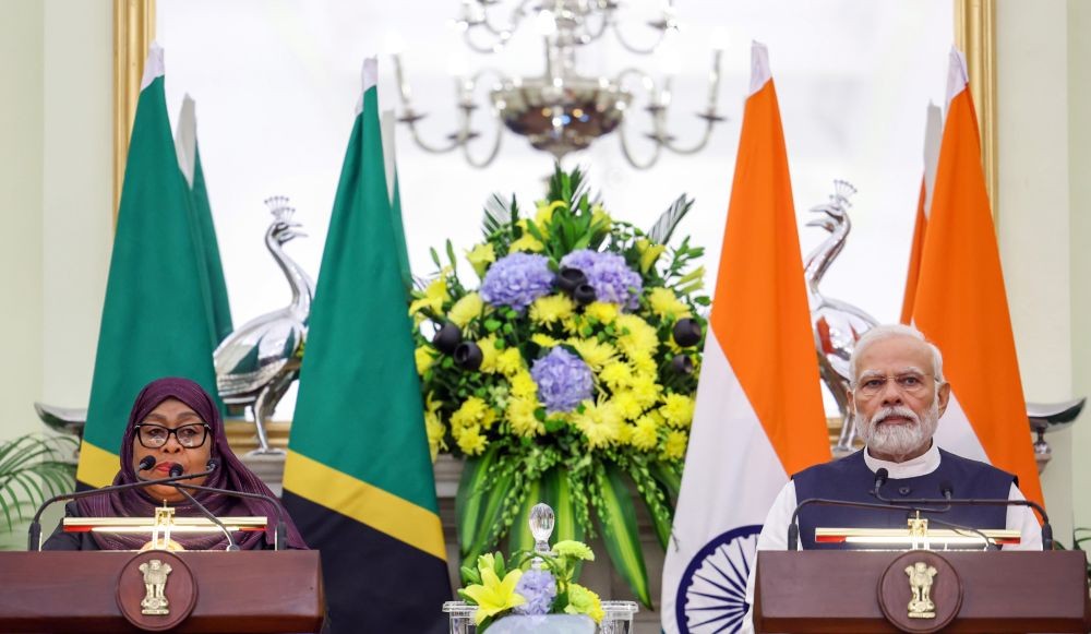 New Delhi: Prime Minister Narendra Modi and President of Tanzania Samia Suluhu Hassan during their joint press statement after a meeting at the Hyderabad House, in New Delhi, Monday, Oct. 9, 2023.(IANS/PIB)