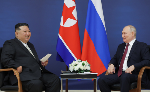 North Korean leader Kim Jong-un (L) holds talks with Russian President Vladimir Putin at the Vostochny Cosmodrome space launch center in the Russian Far East on Sept. 13, 2023, in this photo released by the North's official Korean Central News Agency the next day. (Photo:IANS/Yonhap)