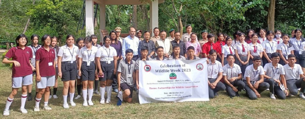 Minister of Environment, Forest & Climate Change and Village Guards, CL Johon, Y Kikheto Sema, Commissioner & Secretary, Department of Environment, Forest & Climate Change, Ved Pal Singh, Chief Wildlife Warden, Beizo Suokhrie, DFO Dimapur, students and others during the celebration of the 69th National Wildlife Week at Nagaland Zoological Park, Rangapahar on October 4.