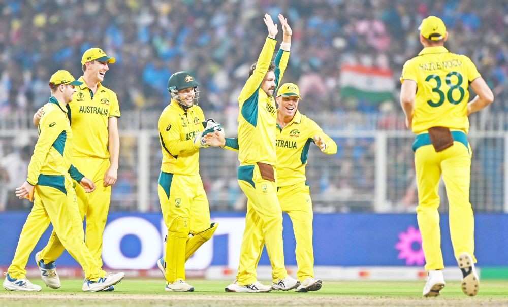 Kolkata: Australia's Travis Head with teammates celebrate the dismissal of South Africa's Heinrich Klaasen during the ICC Men's Cricket World Cup second semifinal match between Australia and South Africa at Eden Gardens in Kolkata on Thursday, November 16, 2023. (Photo: IANS)