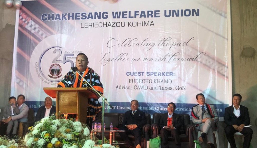 Advisor Kudecho Khamo speaking at the silver jubilee celebration of Chakhesang Welfare Union Leriechazou Kohima on November 25.