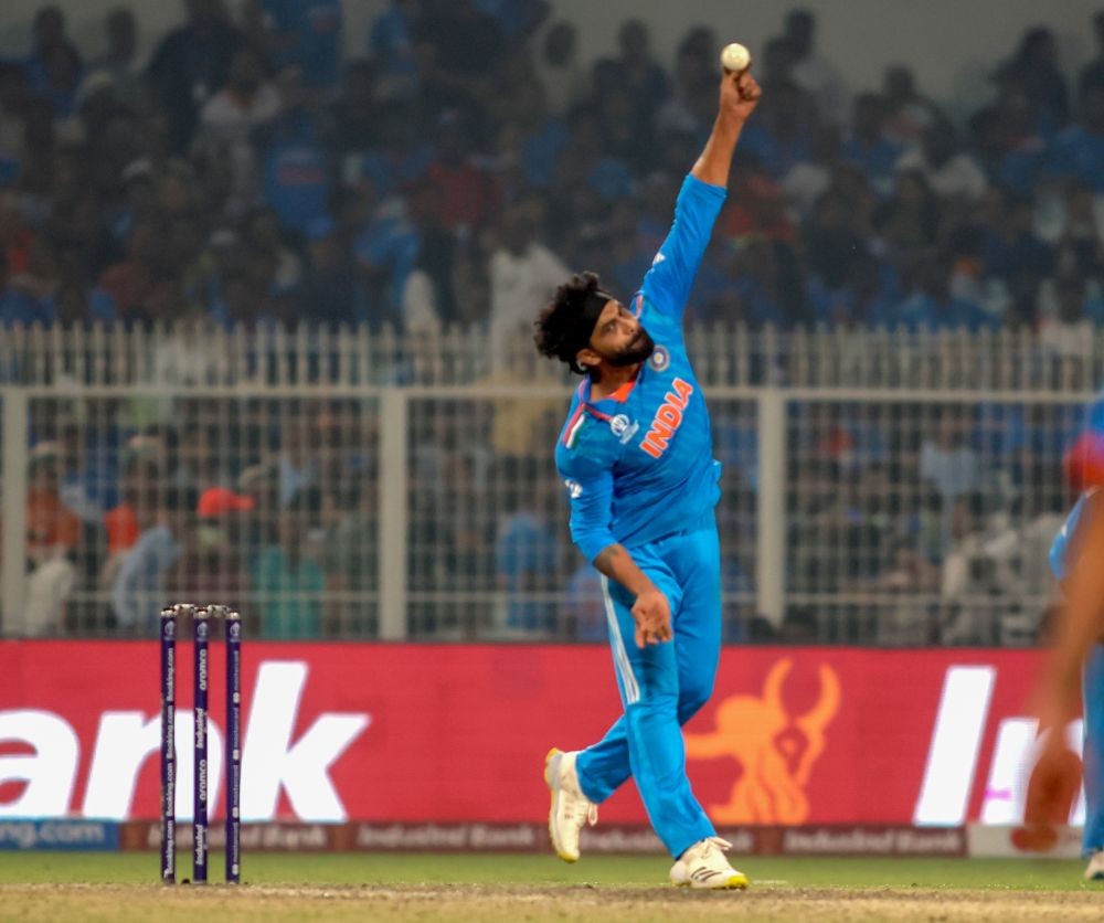 Kolkata: India's Ravindra Jadeja bowls a delivery during the ICC Men's Cricket World Cup match between India and South Africa at Eden Gardens in Kolkata, Sunday, November 05, 2023. (Photo: IANS/Biplab Banerjee)