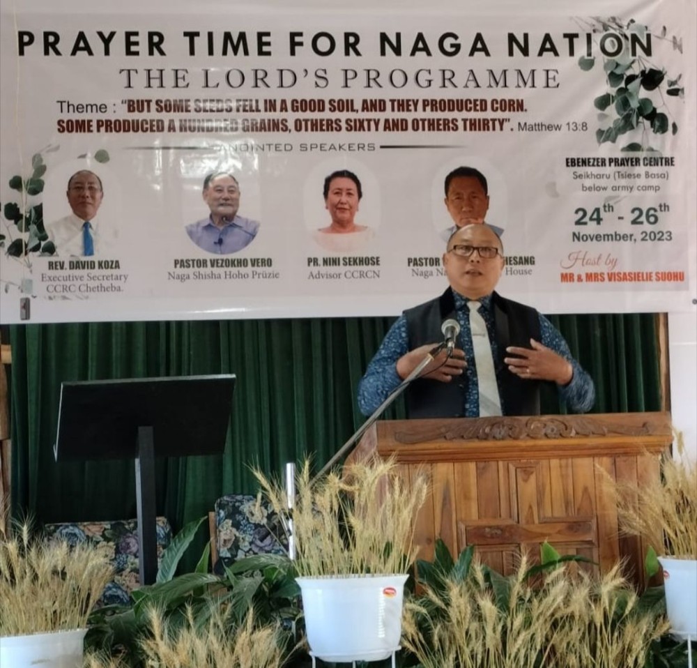 Rev David Koza speaking at the opening service of the 3 days long crusade which got underway at the Ebenezer Prayer Centre, Tsiese Basa (Tsiesema), Kohima on November 24.