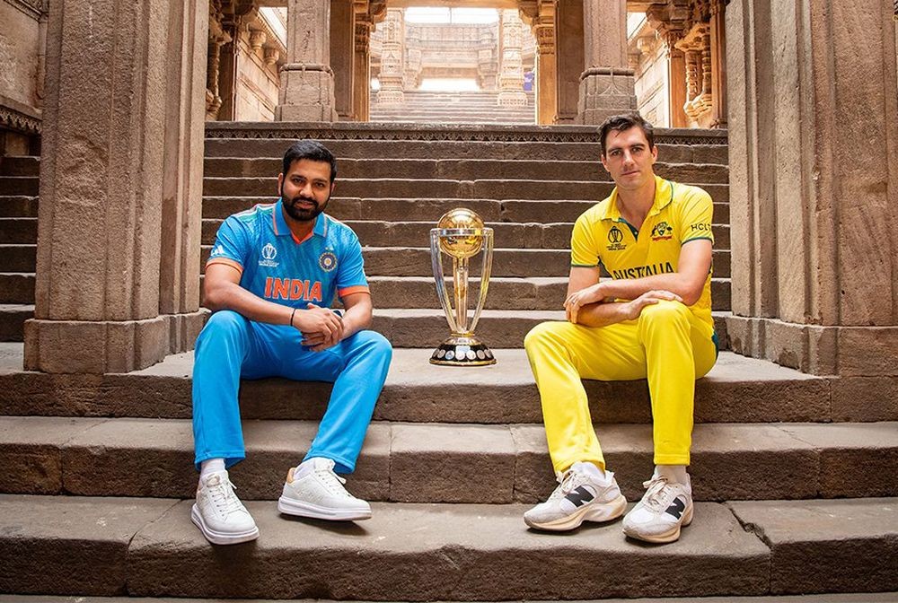 Ahmedabad: India's captain Rohit Sharma along with Australia's captain Pat Cummins pose for photos with the trophy ahead of the ICC Men's Cricket World Cup final match between India and Australia at Narendra Modi Stadium, Ahmedabad, on Saturday, November 18, 2023. (Photo: IANS/@cricketworldcup)